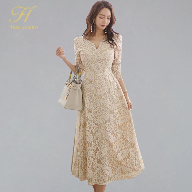 H Han Queen Temperate A-line Lace Dress Women Spring Full Sleeve Long ...