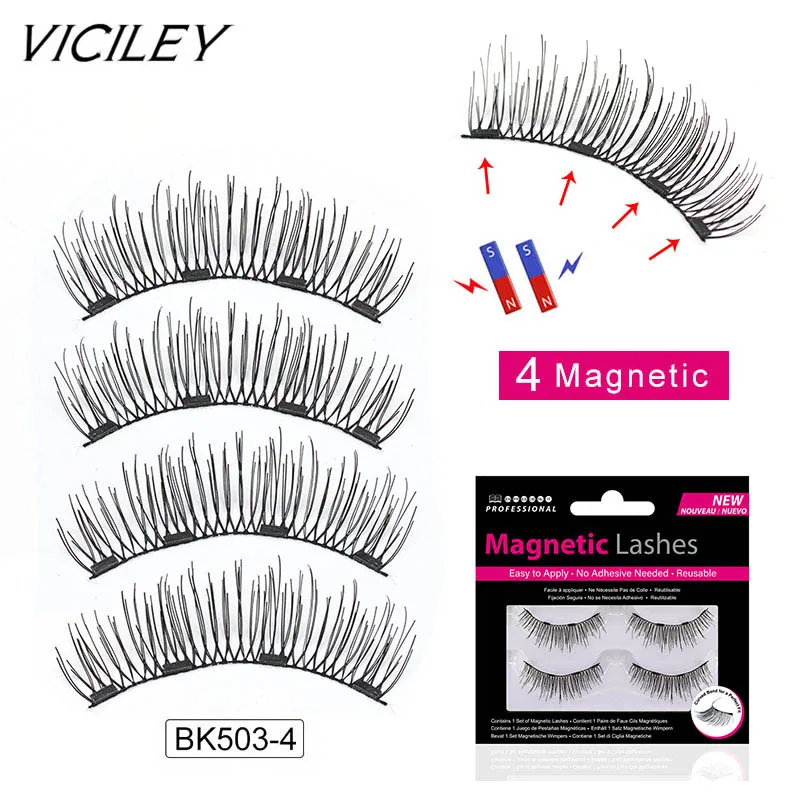 

VICILEY 4pcs Magnetic Eyelashes 3D Handmade Reusable Magnet False Eyelash Triple Natural Soft Hair 3 Magnet Eye Lash BK503-4