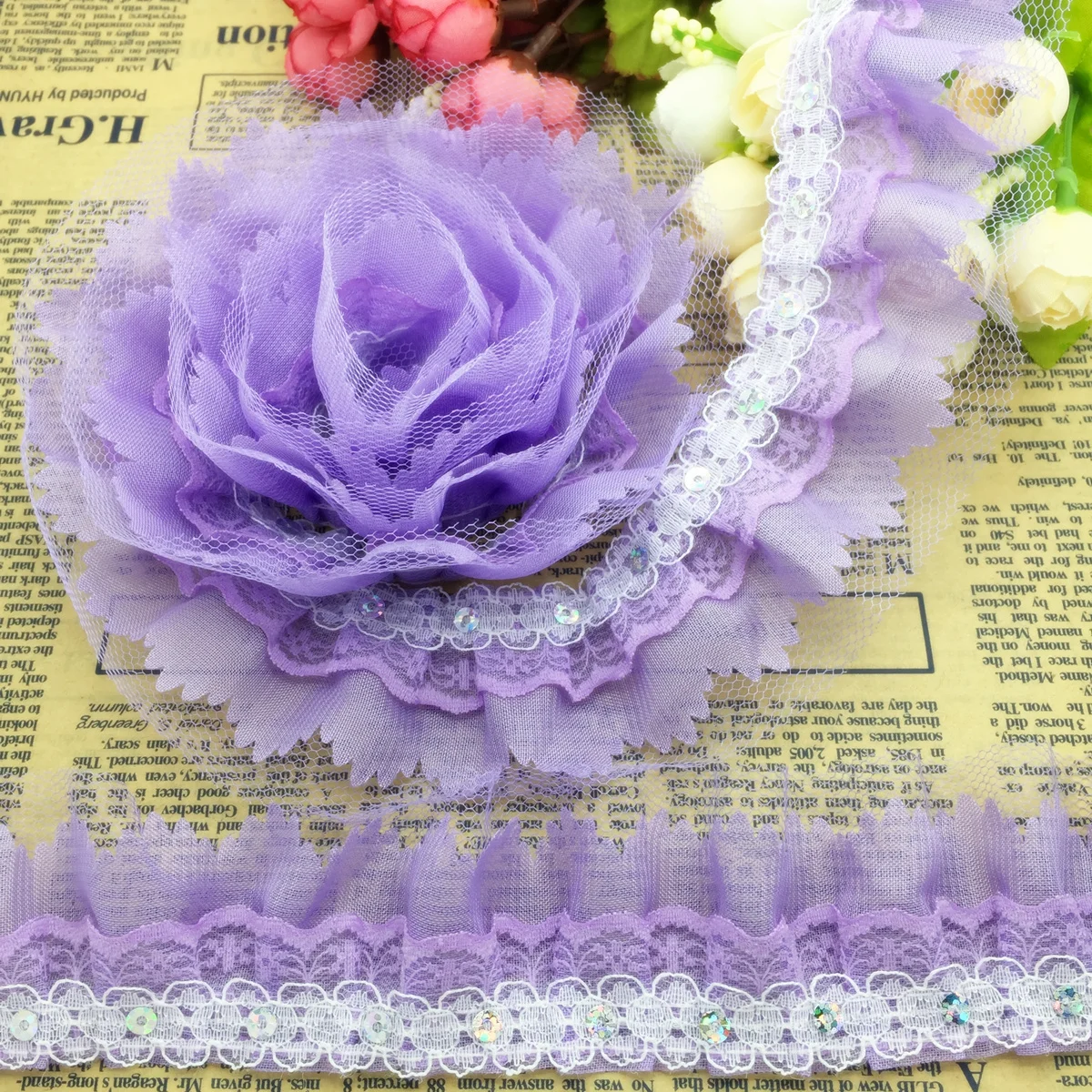 

NEW 5 yards 4-Layer 50mm Organza Lace Gathered Pleated Sequined Trim Pick Colors