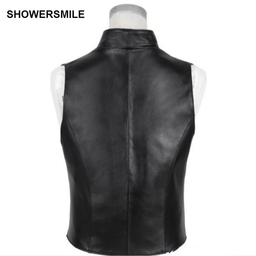 SHOWERSMILE Black Genuine Leather Vest Womens Real Sheepskin Waistcoat Sleeveless Jacket With Zipper Short Slim Gilet