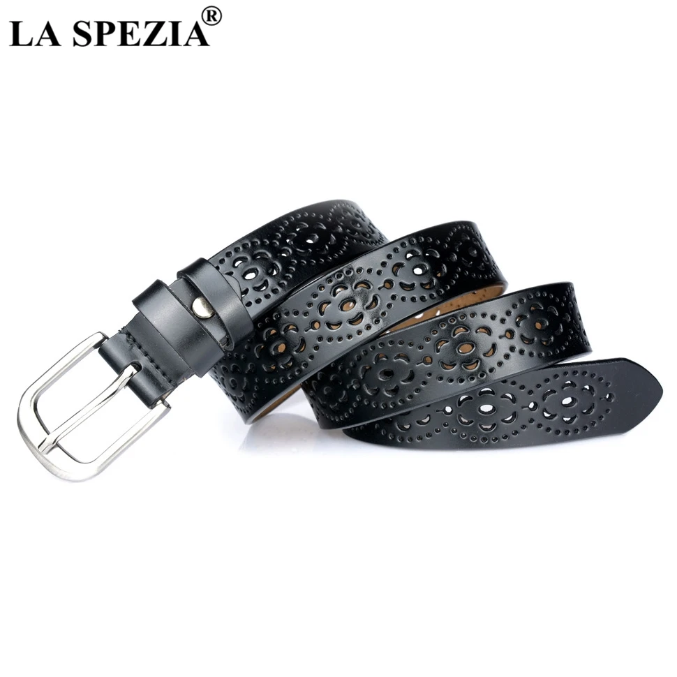 

LA SPEZIA Pin Buckle Belt Women Real Leather Black Belt Ladies Genuine Leather Cowhide Fashion Designer Female Hollow Jeans Belt