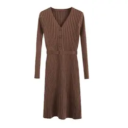 Осень-зима Для женщин Bodycon трикотажные платья с v-образным вырезом с длинным рукавом эластичные узкие Платья-свитеры элегантный тонкий