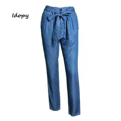 Idopy леди Высокая талия упругие талии джинсы-шаровары брюки с бабочка узел ремень женский Личная повседневные джинсы для Для женщин