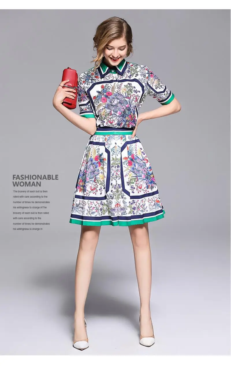 European women's wear 2018 The new summer With short sleeves lapel Stripe edge Floral print shirt + Pleated skirt  printing suit