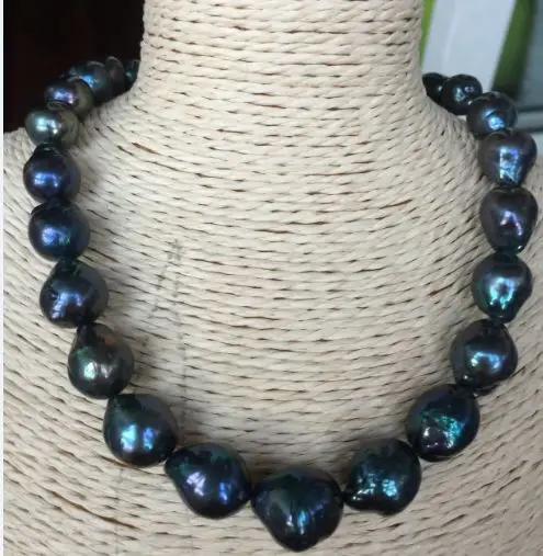

stunning12-14mm Tahitian baroque black green pearl necklace18"14KGP