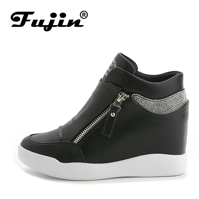 Fujin zipper Women Boots Wedges Hide Heels Rhinestone Leather Boots Platform Shoes High Top Ankle Boots Double Zips Ladies Shoes