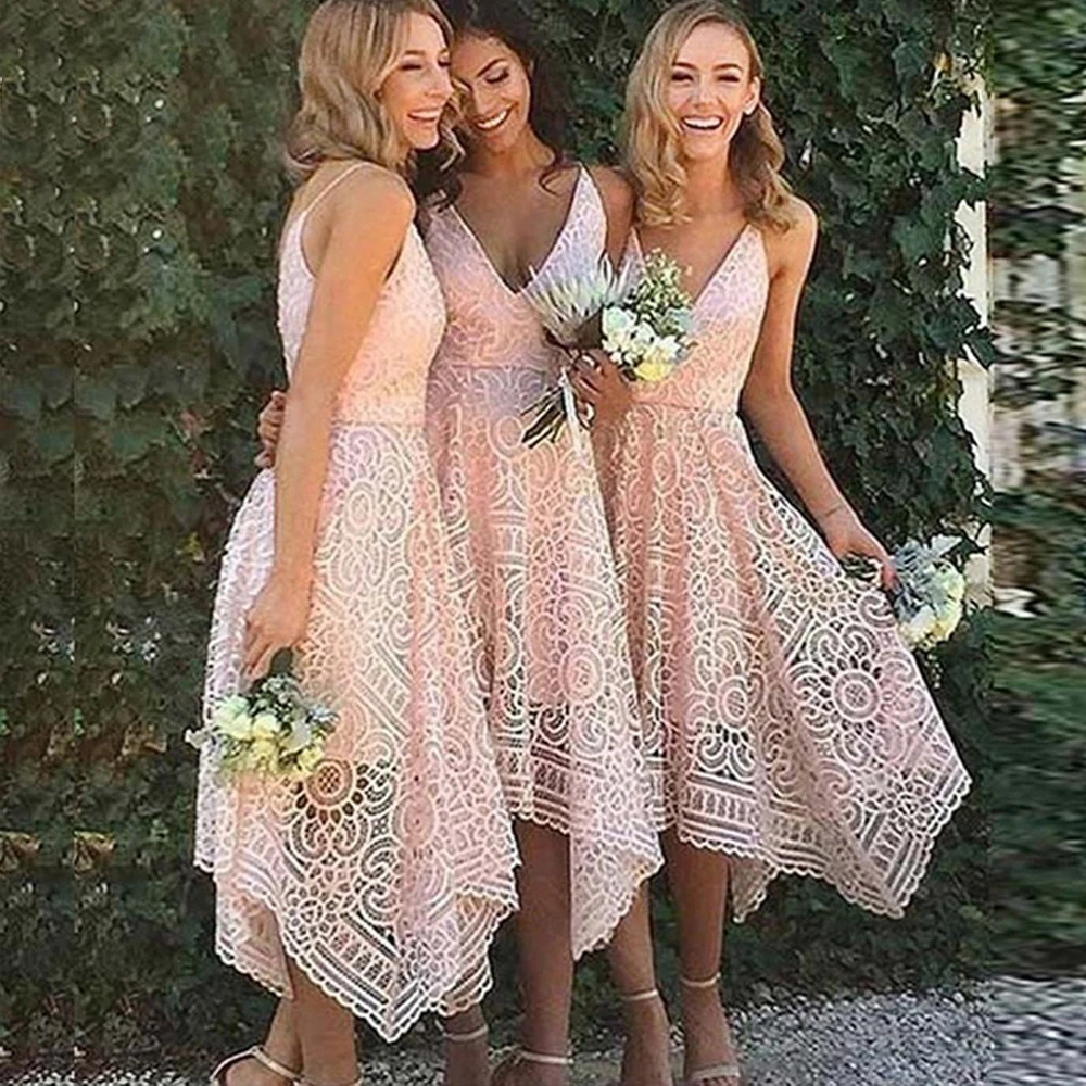 

Bbonlinedress Hot Sale Lace Bridesmaid Dresses 2019 Tea Length Spaghetti Party Dresses vestido dama de honor boda In Stock