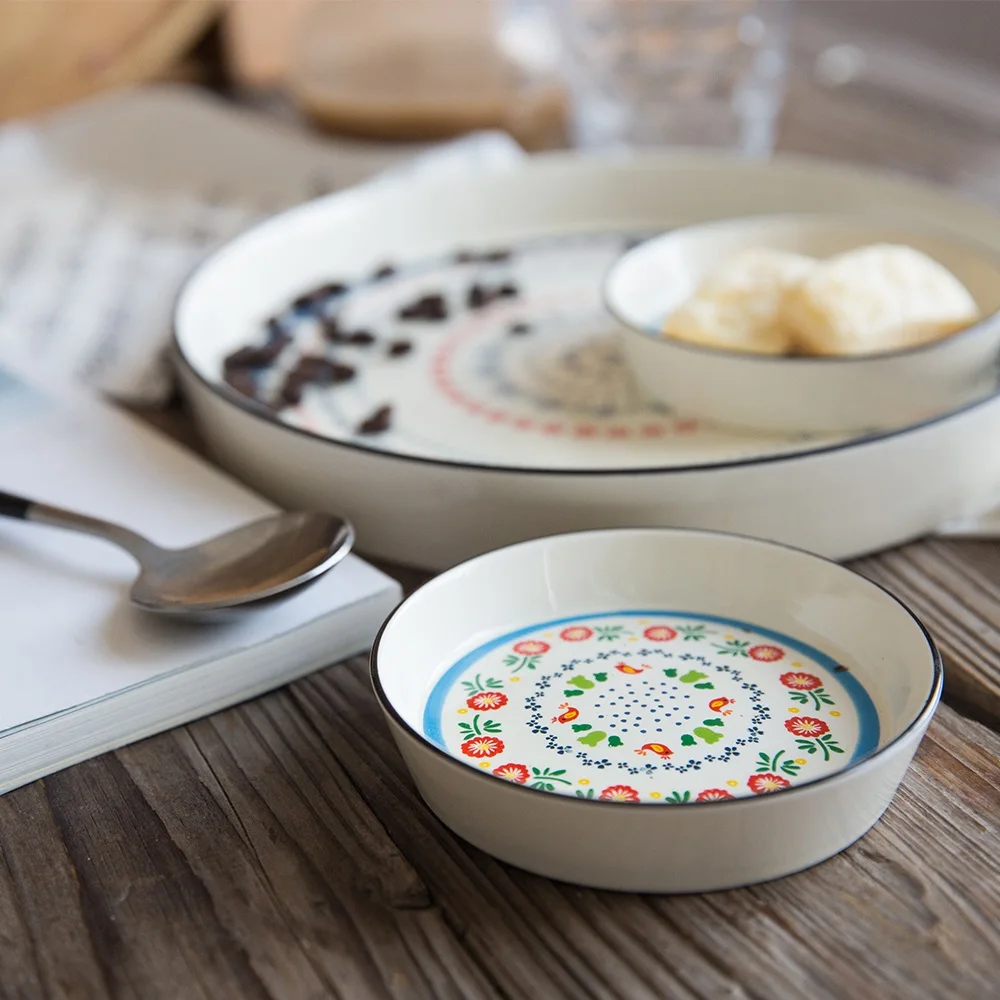 EECAMAIL Bohemian Ethnic Style Creative New Bone China Dish Breakfast Plate Fish Plate Fruit Dishware Round Dish Home