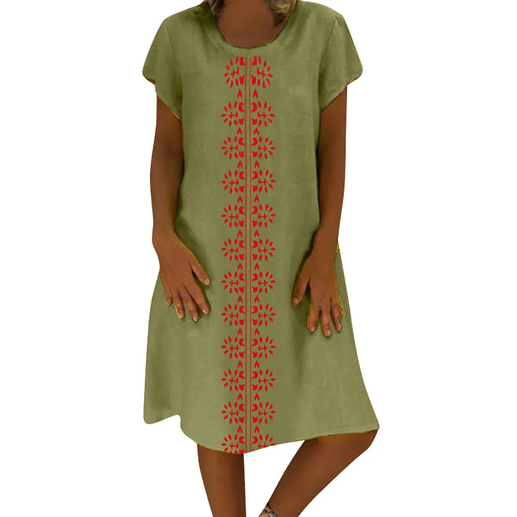 Summer dress Women O-Neck Printed Cotton And Linen Casual Plus Size Ladies beach Dress 2019 new arrival slim soft touch dress