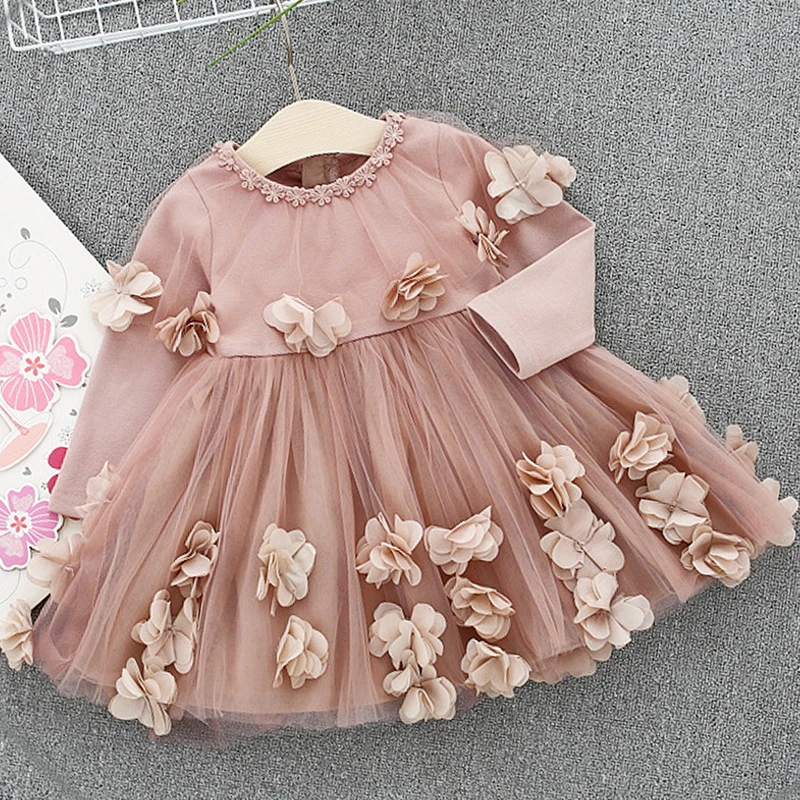 

Newborn Flower Princess Girls Dress 2019 Autumn Winter Long Sleeve Three-Dimensional Petals Pompon Net Yarn Girls Clothes Tulle