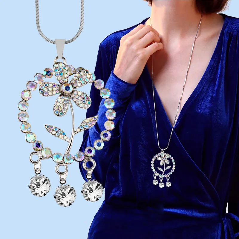 

SINLEERY Fashion Circle Round Pendant Long Necklace With Rhinestone Flower Women Statement Jewelry Accessories MY262 SSC