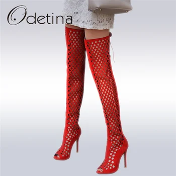 

Odetina 2017 Fashion Over The Knee Gladiator Sandals High Heel Women Hollow Out Summer Boots Stiletto Thin Heels Big Size 32-46