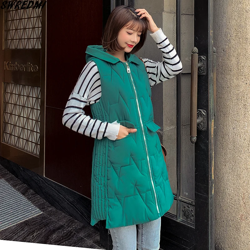 

SWREDMI Autumn And Winter Women Cotton Vest Hooded 2019 Fashion Long Ladies Vest Coat Thickening Warm Women Loose Vest Jacket