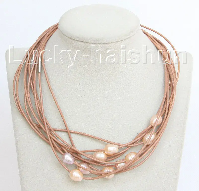 

shipping wholesale 10 piece 11mm pink freshwater pearls khaki leather necklace j10694