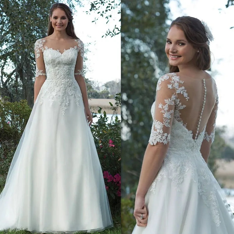 

Scoop Tulle Neckline Half Sleeves Lace Applique A-line Wedding Dress illusion Back Sweep Train Button Bridal Dress