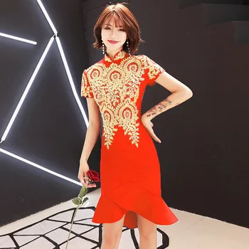 

Chinese Style 2019 Summer Yewa Elegant Red Cheongsam Fish Tail Dresses 14 Styles Printed Embroidery Dresses