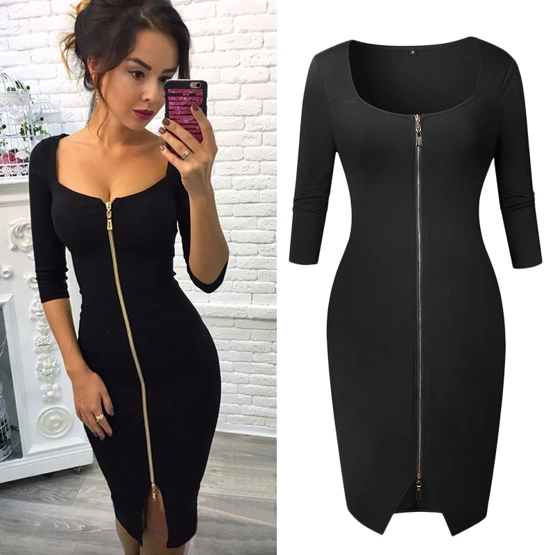Женская обувь на застежке молнии Low Cut Bodycon платье 3/4 рукава Вечеринка платья осень