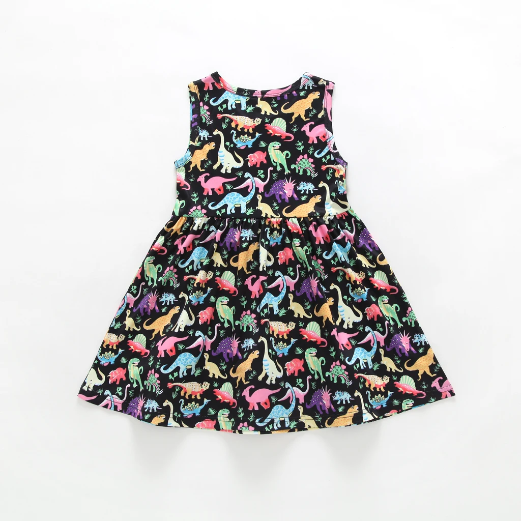 

Girls Summer Dress Toddler Children Dinosaur Printed Animal Dresses Kids Cute Clothes Black Sleeveless A-line Princess Dresses