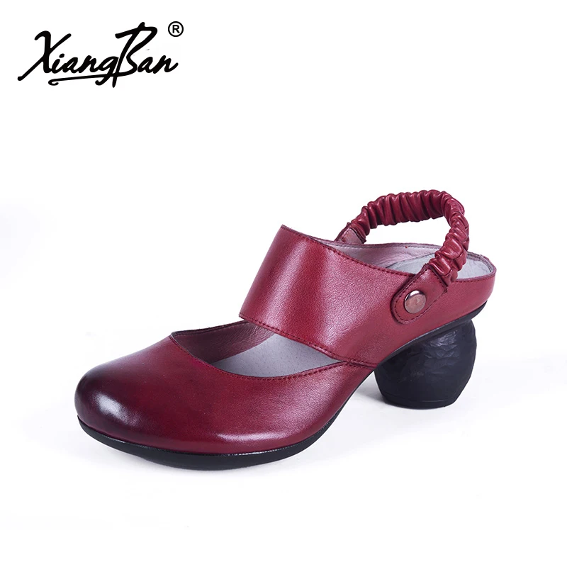 

Fashion high heeled leather women sandals thick heel summer slippers retro Baotou sandals back strap elegant ladies shoes red