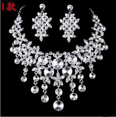 High Quality Silver Luxury Oversize Crystal Wedding Jewelry Sets Hollow-out Flower Necklace&Earrings Set For Woman (8)