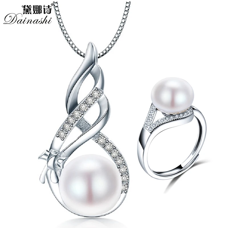 

Fine Pearl Pendant &Necklace& Rings Set For Women Jewelry 100% Natural Freshwater Pearl In Gift Box