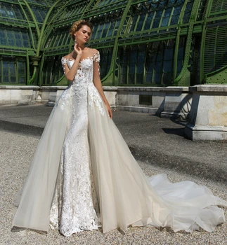 شراءجديد وصول 2 قطعة فستان زفاف 2019 سكوب طويل الأكمام مصلى قطار يزين تول Overskirt زي العرائس Vestido Noiva