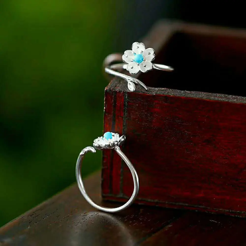 

RADHORSE 925 Silver Rings for Women Fine Jewelry Turquoise Plum Blossom Modeling Sterling Silver Ring Adjustable Silver
