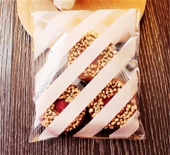 

Free Shipping 500Pcs/Lot White Stripe Transparent Plastic Bag Food Bag For Cake Cookies