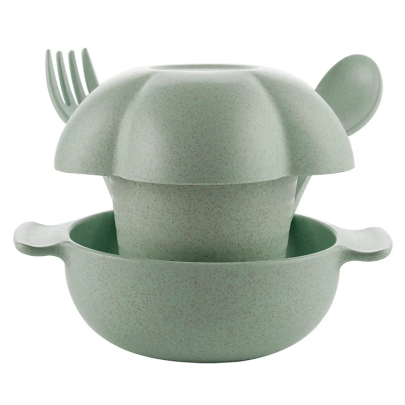 Детский набор посуды для кормления, детская посуда из пшеничной соломы, детская посуда с вилкой, ложкой, чашкой, Детские миски, контейнер для еды T0524 - Цвет: green