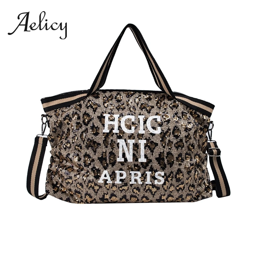 

Aelicy 2019 New Oversized Shoulder Bag Women Fashion Leopard Printing Shopping Bag Large Capacity Colorful Sequins Big Handbags