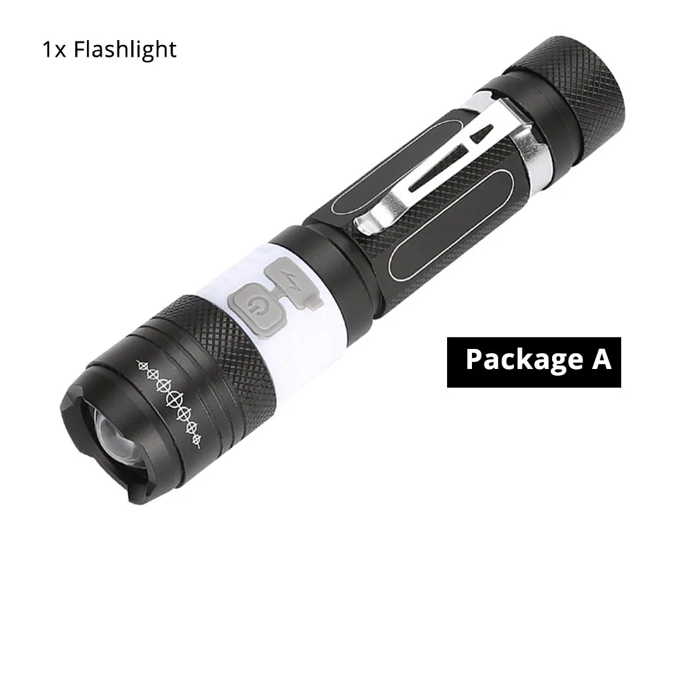 Светодиодный фонарик с зарядкой от USB, супер яркий, водонепроницаемый, Sidelight, 6 режимов, многофункциональный фонарь, поддержка зума, аккумулятор 18650 - Испускаемый цвет: Package A
