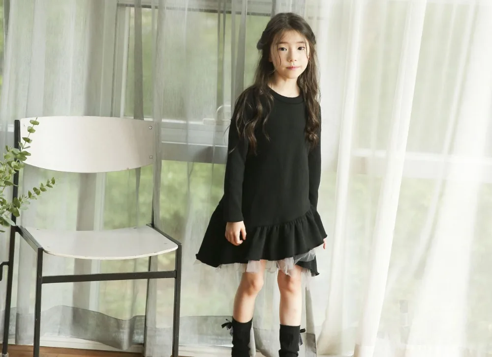 new 2018 mesh patchwork teenage girls long sleeve dresses for kids autumn winter black ruffles sweatshirt dress children clothes (10)