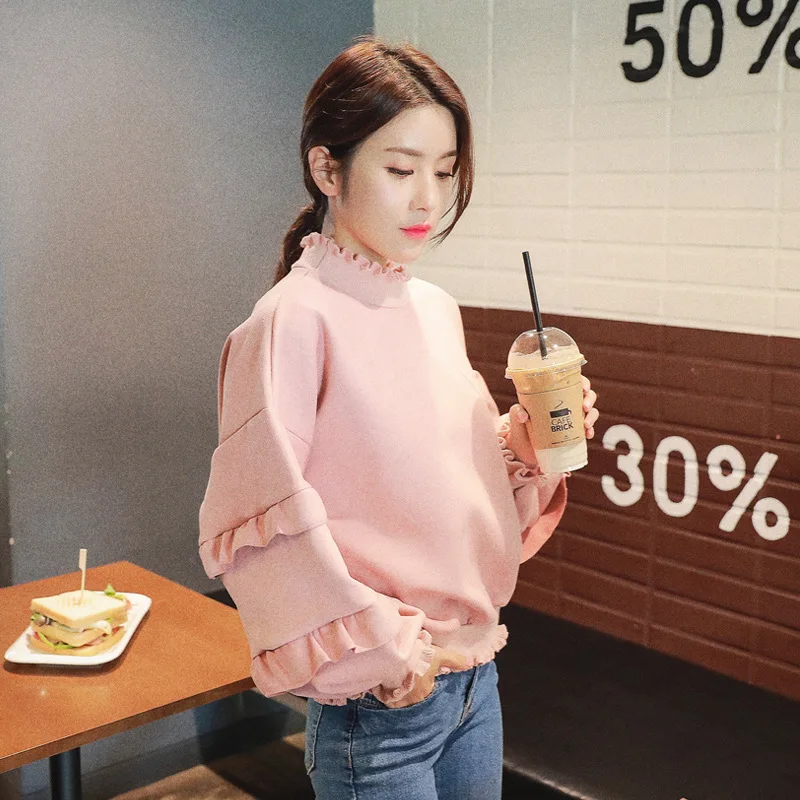 Новое поступление осень Женская мода балахон сладкий корейская мода повседневные розовые пуловеры фонарь рукав rufflec воротник кофты