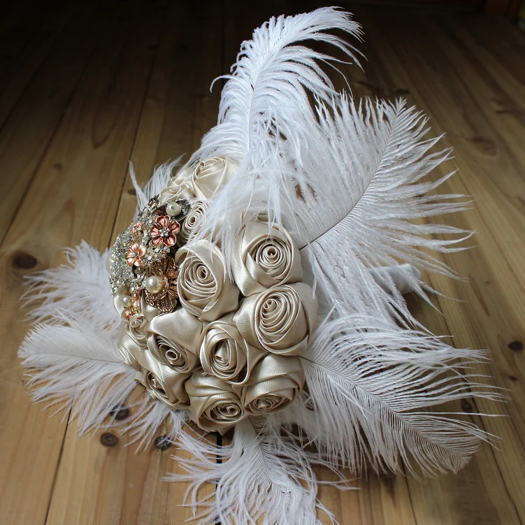 

8-inch, custom champagne silk roses bridal bouquet, brooch bouquet white ostrich feather bride's bouquet, wedding decor