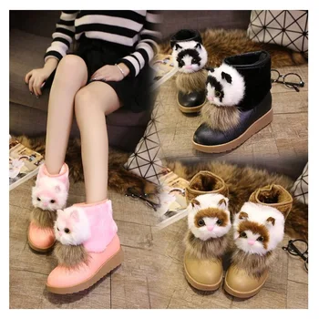 

New Women Winter Boots Cartoon Cat Head Pattern Ankle Boots Fashion Snow Boots Non-slip Warm Snow Boot