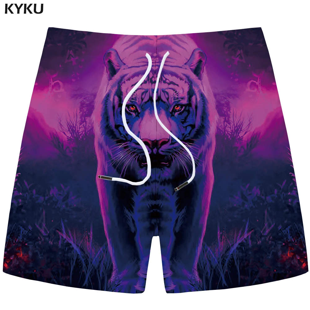 KYKU тигровые шорты мужские музыкальные повседневные короткие брюки карго животных 3d Печатные шорты пляжные лесные фиолетовые Мужские шорты летние большие размеры