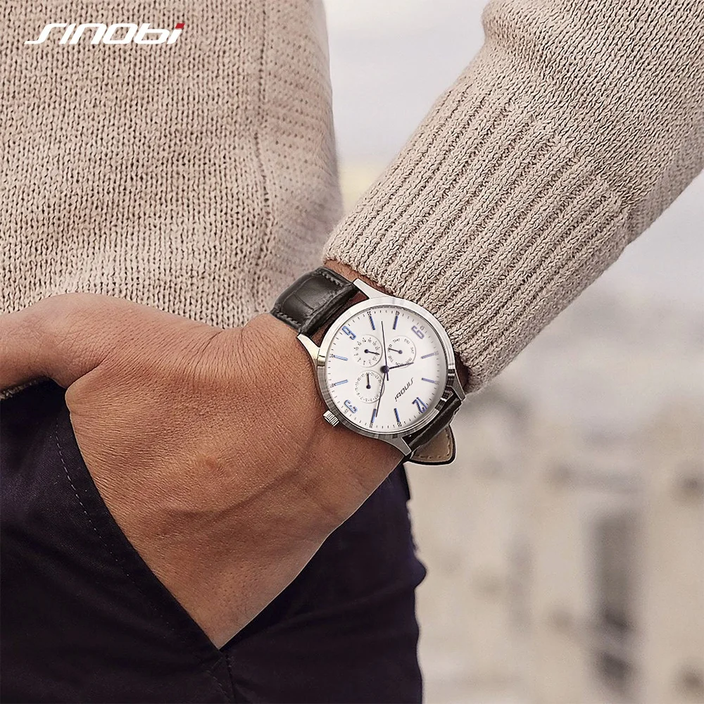 2018 New Arrival Men SINOBI Slim Point Quartz Watch Top Brand Watchband Sports Brown Leather Strap Wrist Watch Casual Masculino