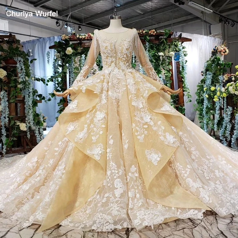 

HTL538 champagne wedding dress plus size o neck long sleeves flowers lace up back lace bride dress vestido de novia manga larga
