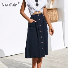 FSDA летние юбки женские карманы на элегантных кнопках эластичная высокая талия хлопок женская повседневная юбка до середины икры