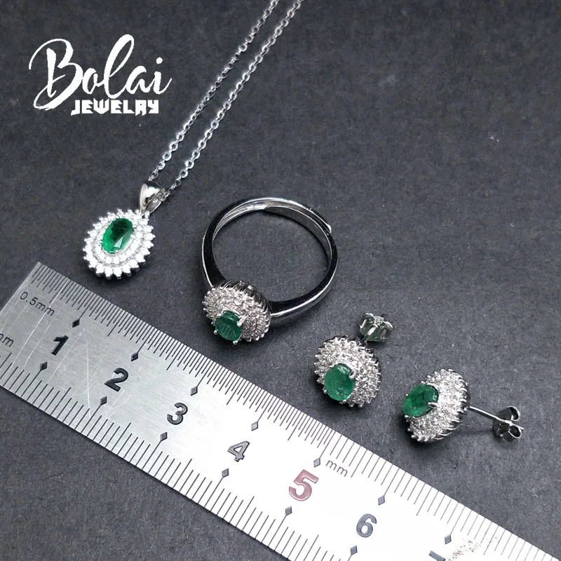 Bolaijewelry, натуральный изумруд кулон или ожерелье и кольцо и серьги комплект ювелирных изделий 925 серебро для женщин Подарок на юбилей