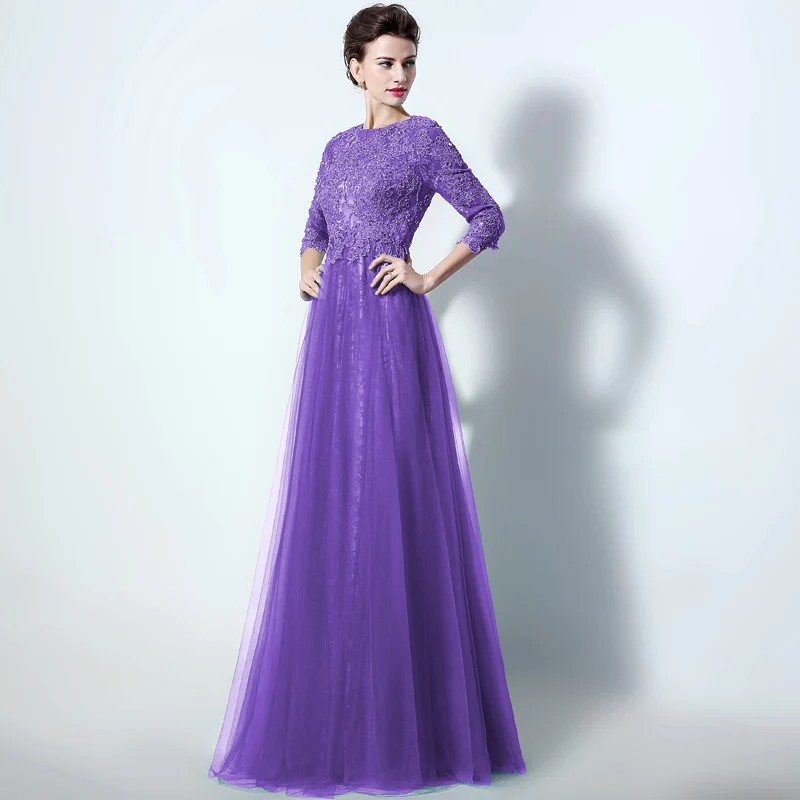 Элегантное платье с рукавом кружевные аппликации Формальные Вечерние платья с жемчужными бусинами; длинное Тюлевое платье с открытой спиной для мамы; обувь под свадебное платье для невесты LX016 - Цвет: Фиолетовый