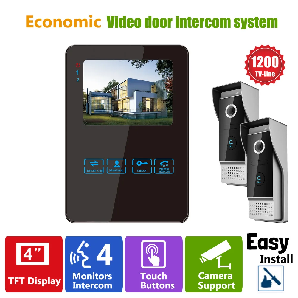 Homefong Luxury Video Door Phone Intercom System With 1200TVL Camera For Villa House 2V1 4 Inch Wired Doorbell Camera Entry Kit Wholesale Security & Protection