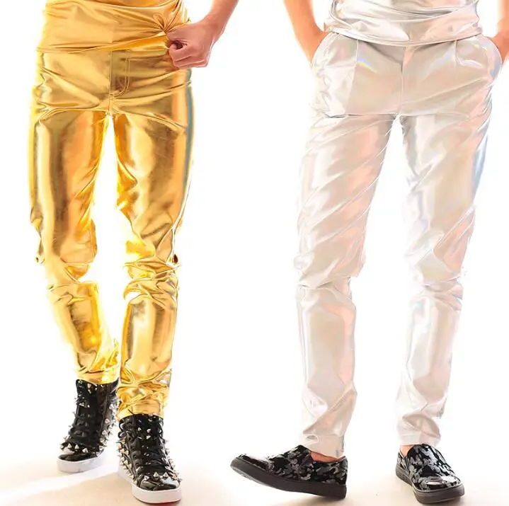Stage personality men gold pants leather pant men feet trousers singer