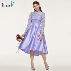 DressV фиолетовый платье подружки невесты линия одежда с длинным рукавом Чай Длина Кружево Матовая атласная Scoop Средства ухода за кожей Шеи