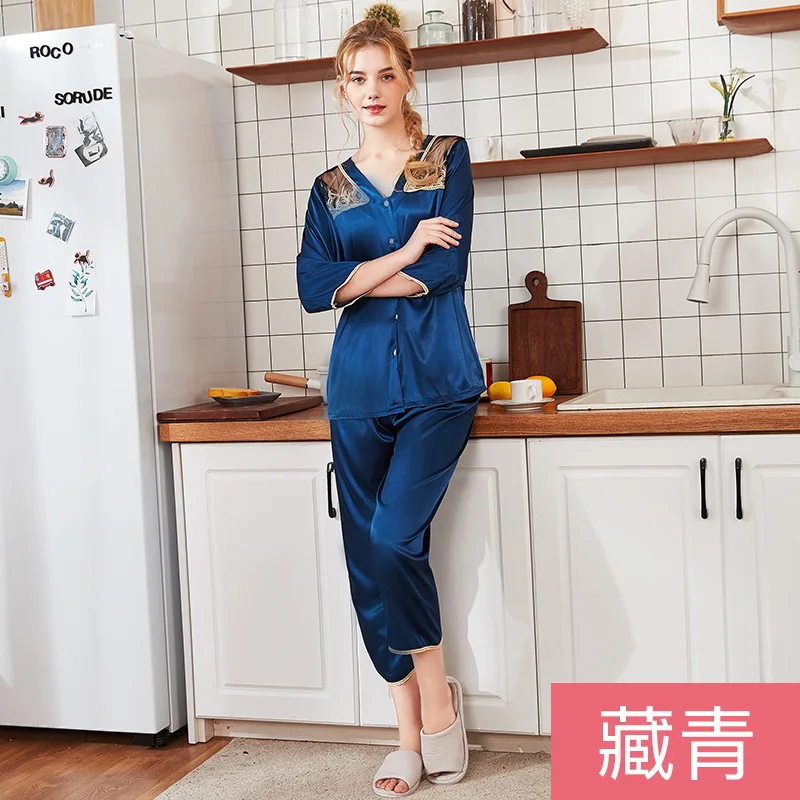 Navy Blue Пижама оптом наборы весенне-осенний стиль тонкая картонная генерация женский длинный Пижамный костюм домашний женский подарок Женское ночное белье - Цвет: Navy Blue