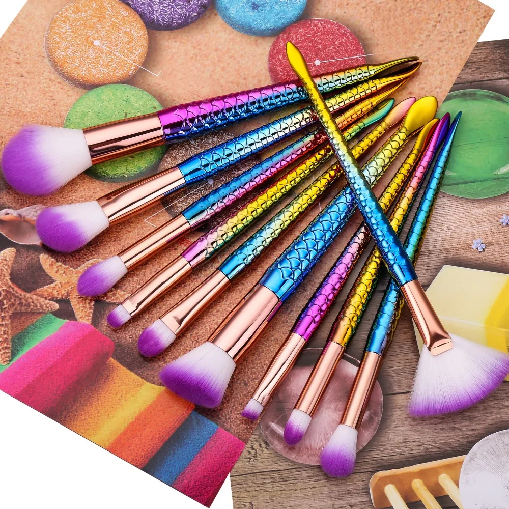 10pcs Set Mermaid Mythical Makeup Brushes Beauty Cosmetics Powder Foundation Blending Blush