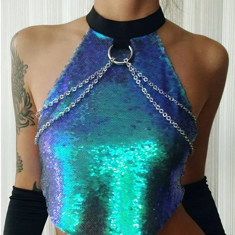 Sexy Gradient Color Halter Top Slim Chain Sequined Bellyband Mengpipi 2018 High Street Backless Abdomen Off Shoulder | Женская одежда