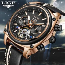 LIGE Luxury Skeleton Tourbillon Sport Mechanical Watch Men Automatic Rose Gold Leather Mechanical Wrist Watches Reloj Hombre