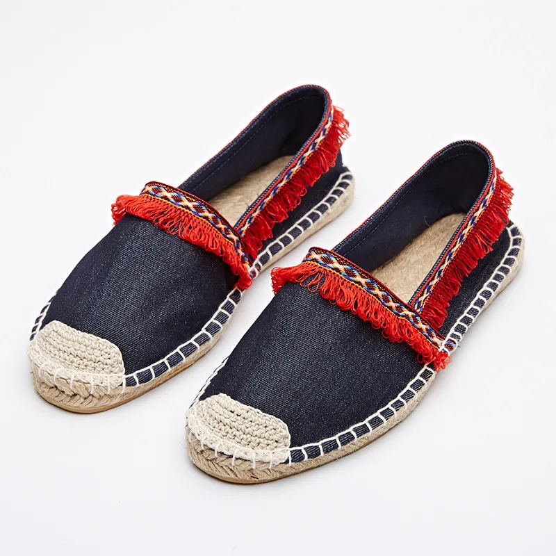 

Women Flat Fringed Canvas Espadrilles Straw Hemp Women ethnic style Fisherman Shoes Design Loafers Hand-made Sewing Sneakers