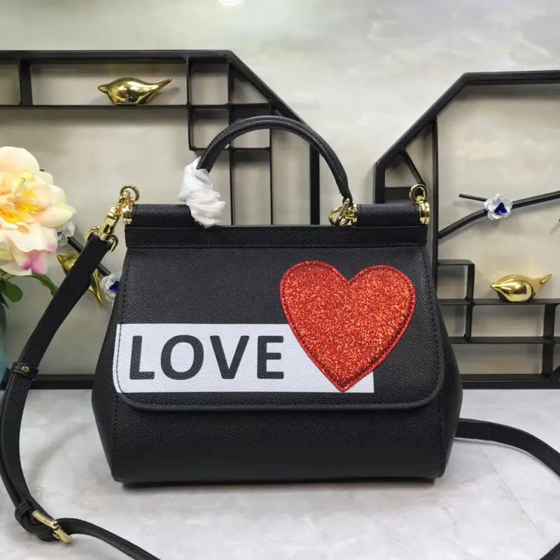 

New Kind of Care Colour Printed Cowhide Leather Turn-over Black Single Shoulder Bag Slant Handbag